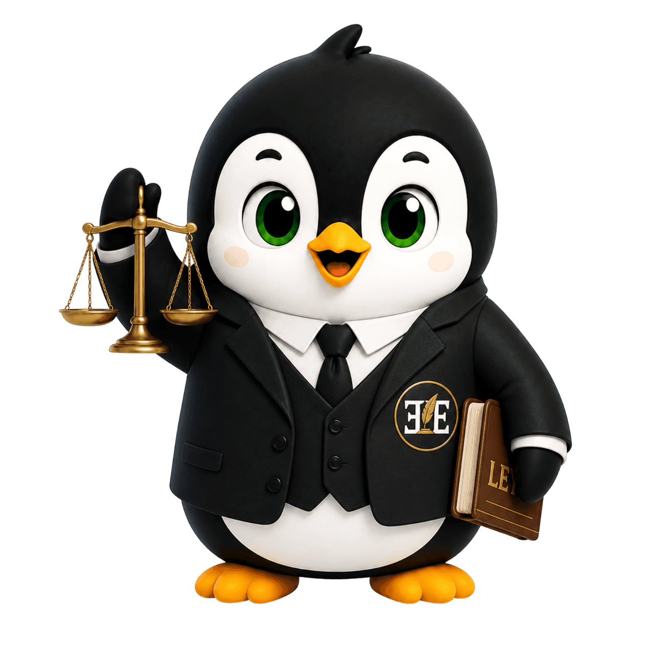 Pingüino abogado de Levex en traje, con balanza de la justicia y un código de leyes