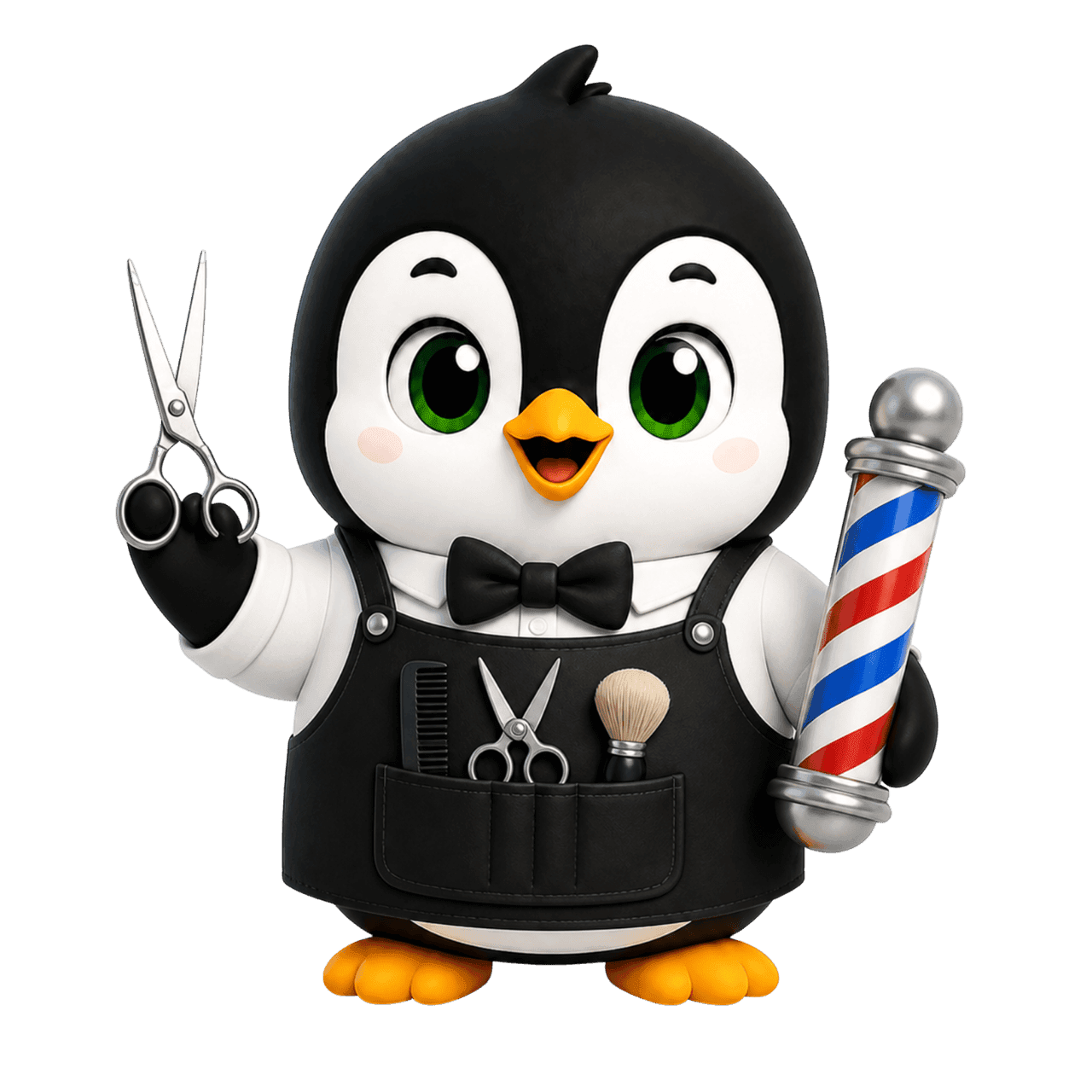 Pingüino barbero de Levex con delantal, tijeras y poste de barbería