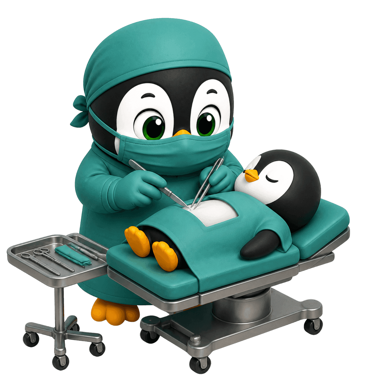 Pingüino cirujano de Levex en pijama quirúrgica, operando en camilla con mesa de instrumental