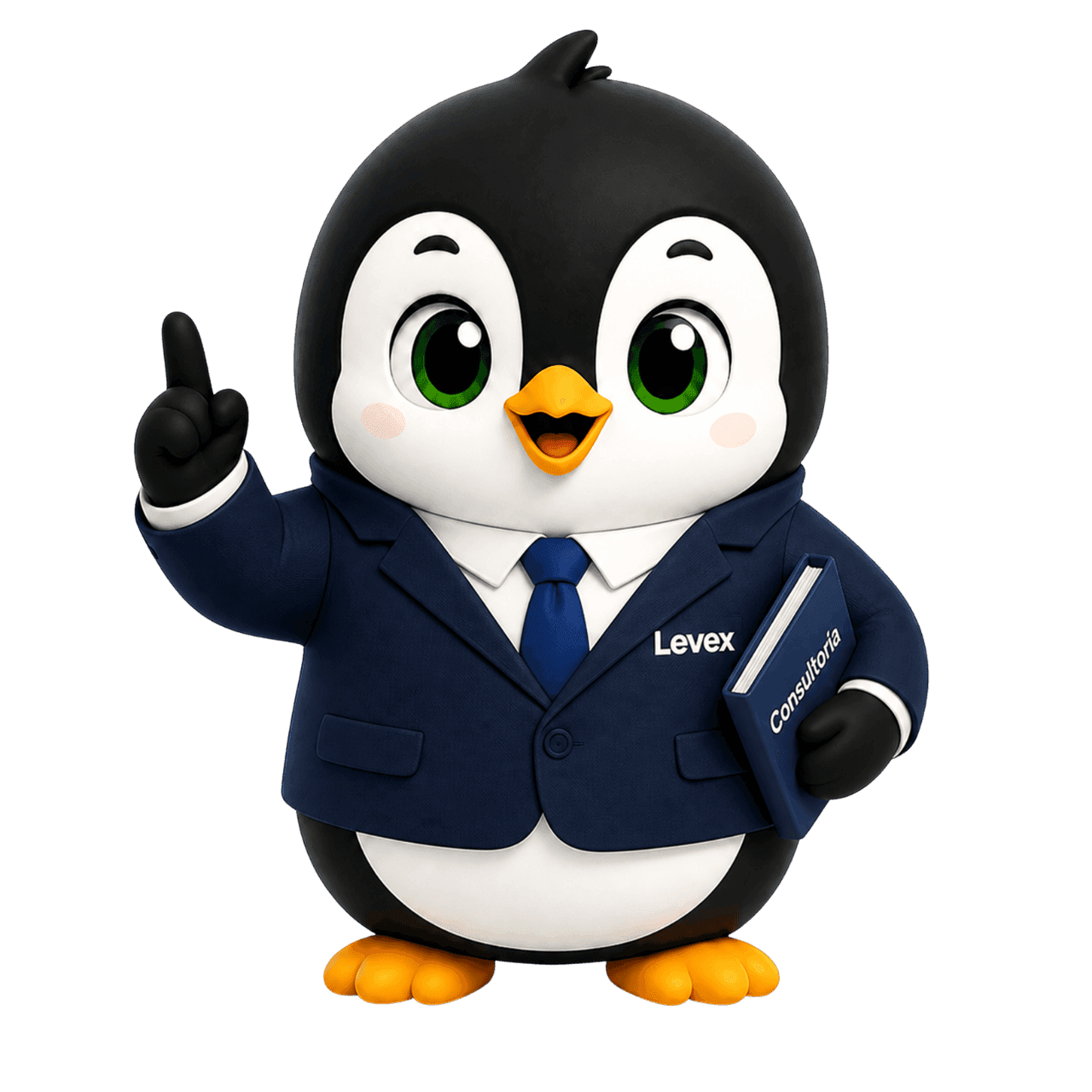 Pingüino consultor de Levex en traje azul, con un libro de consultoría bajo el ala