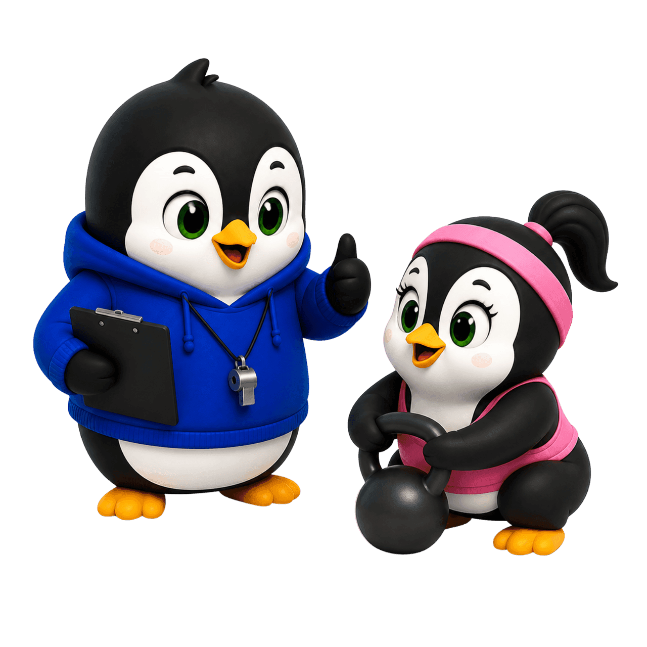 Pingüino entrenador personal de Levex con tabla y pito, acompañando a una pingüina que levanta una pesa rusa