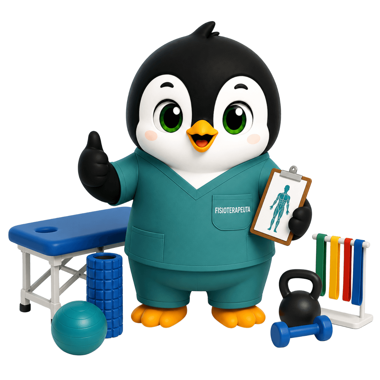 Pingüino fisioterapeuta de Levex con camilla, rodillo, bandas elásticas y pesas