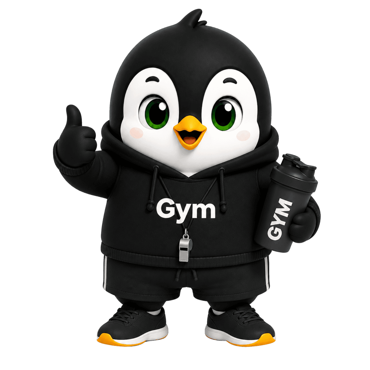 Pingüino entrenador de Levex con buzo deportivo, pito y termo de gimnasio