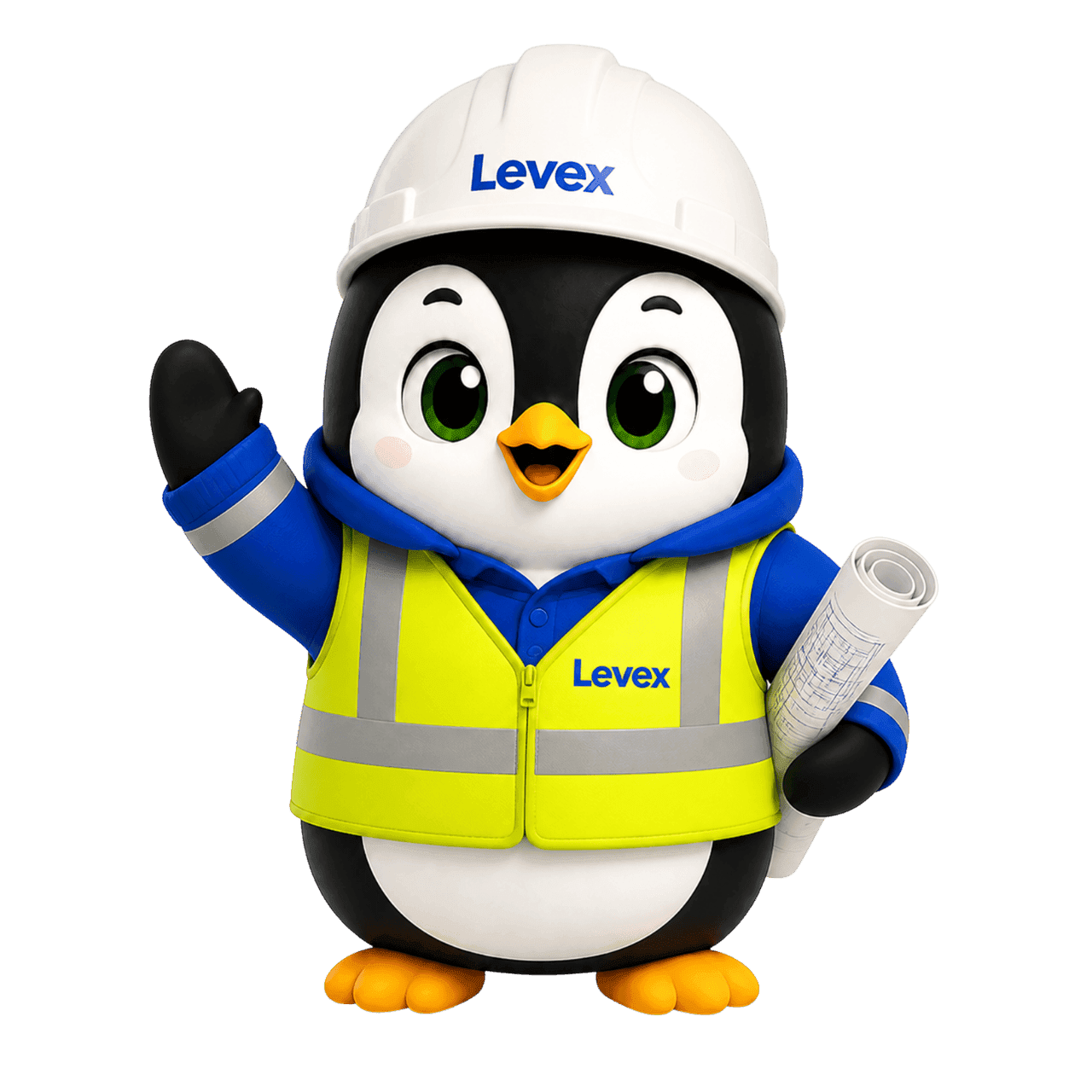 Pingüino ingeniero de Levex con casco, chaleco reflectivo y planos bajo el ala