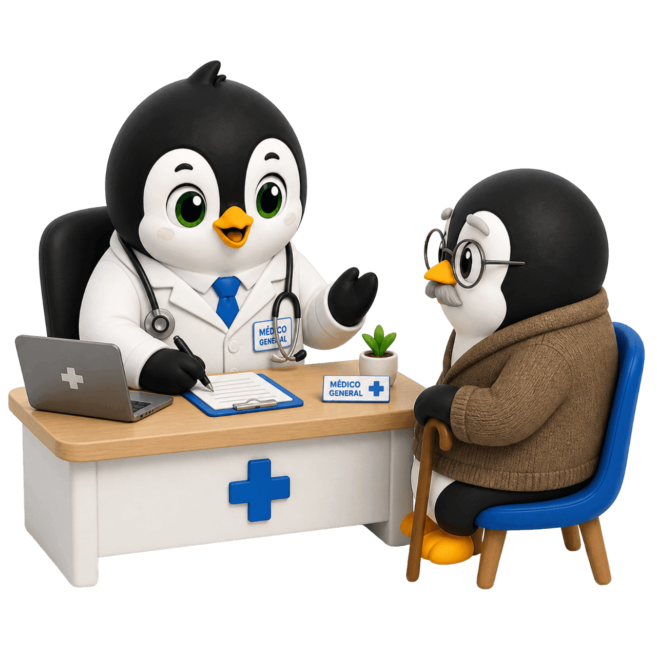 Pingüino médico general de Levex en su consultorio, atendiendo a un paciente mayor
