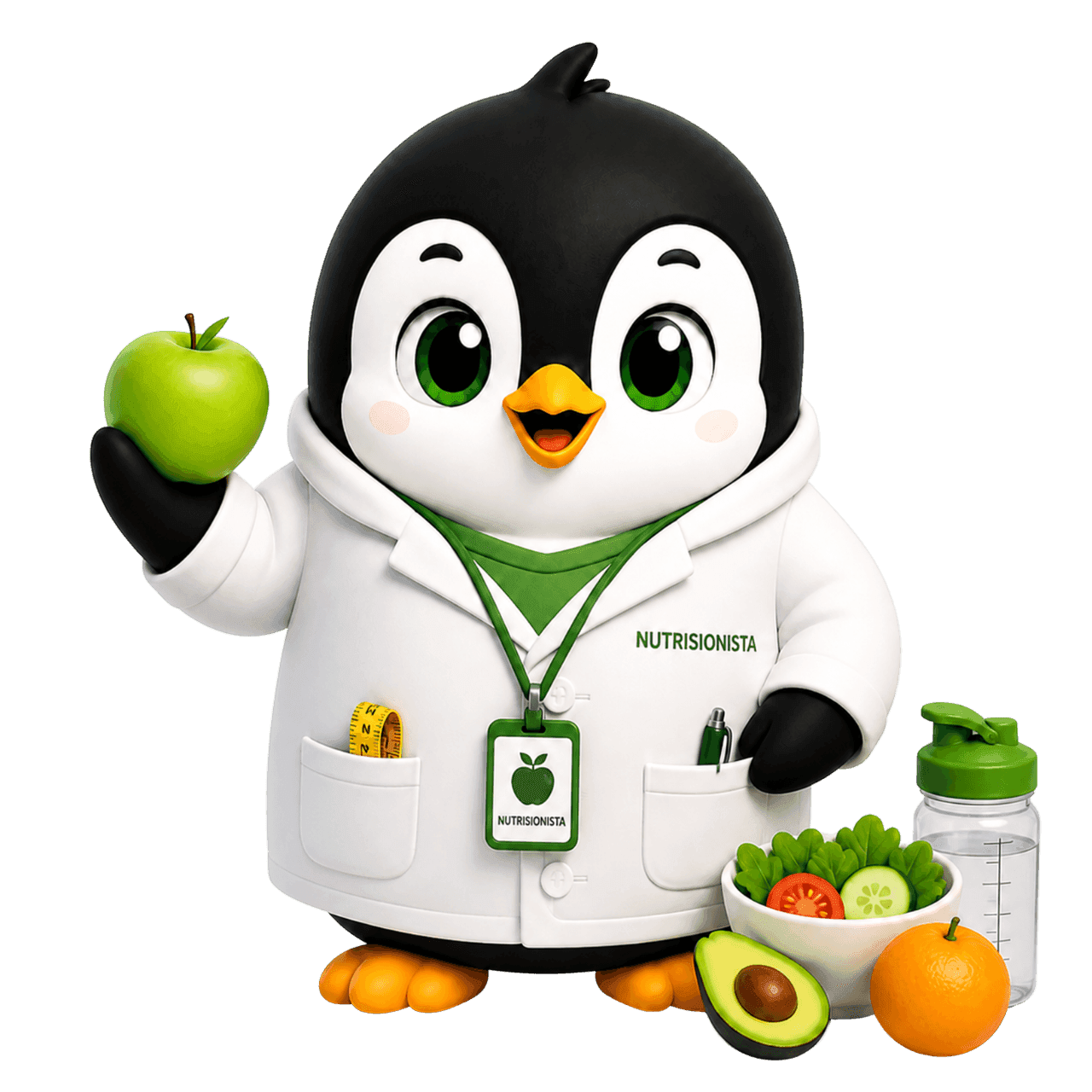 Pingüino nutricionista de Levex con bata y manzana, junto a un plato de ensalada y fruta