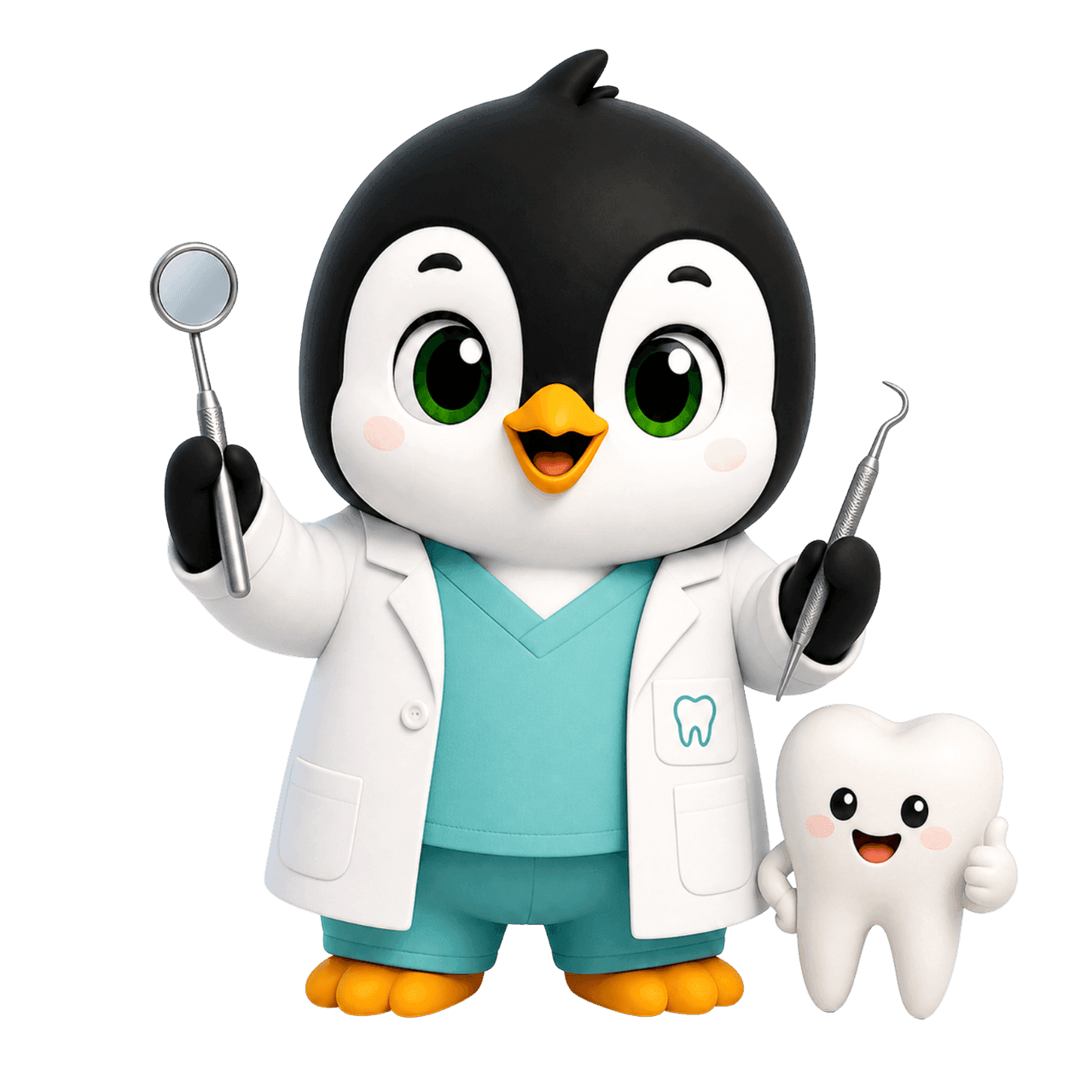 Pingüino odontólogo de Levex con bata, espejo dental y un diente sonriente