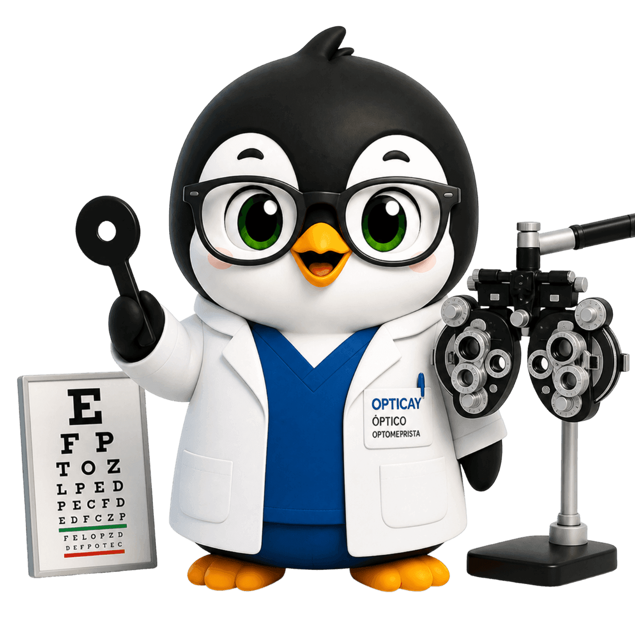 Pingüino óptico de Levex con bata, oclusor y foróptero, junto a una cartilla de agudeza visual