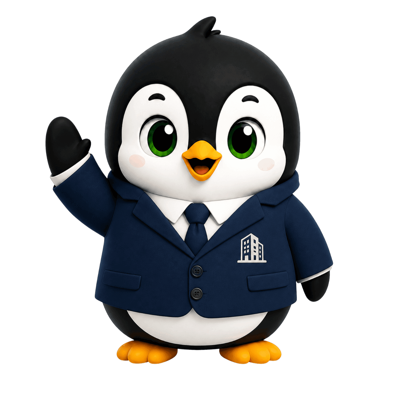 Pingüino administrador de Levex en traje azul, con el escudo de un edificio en la solapa