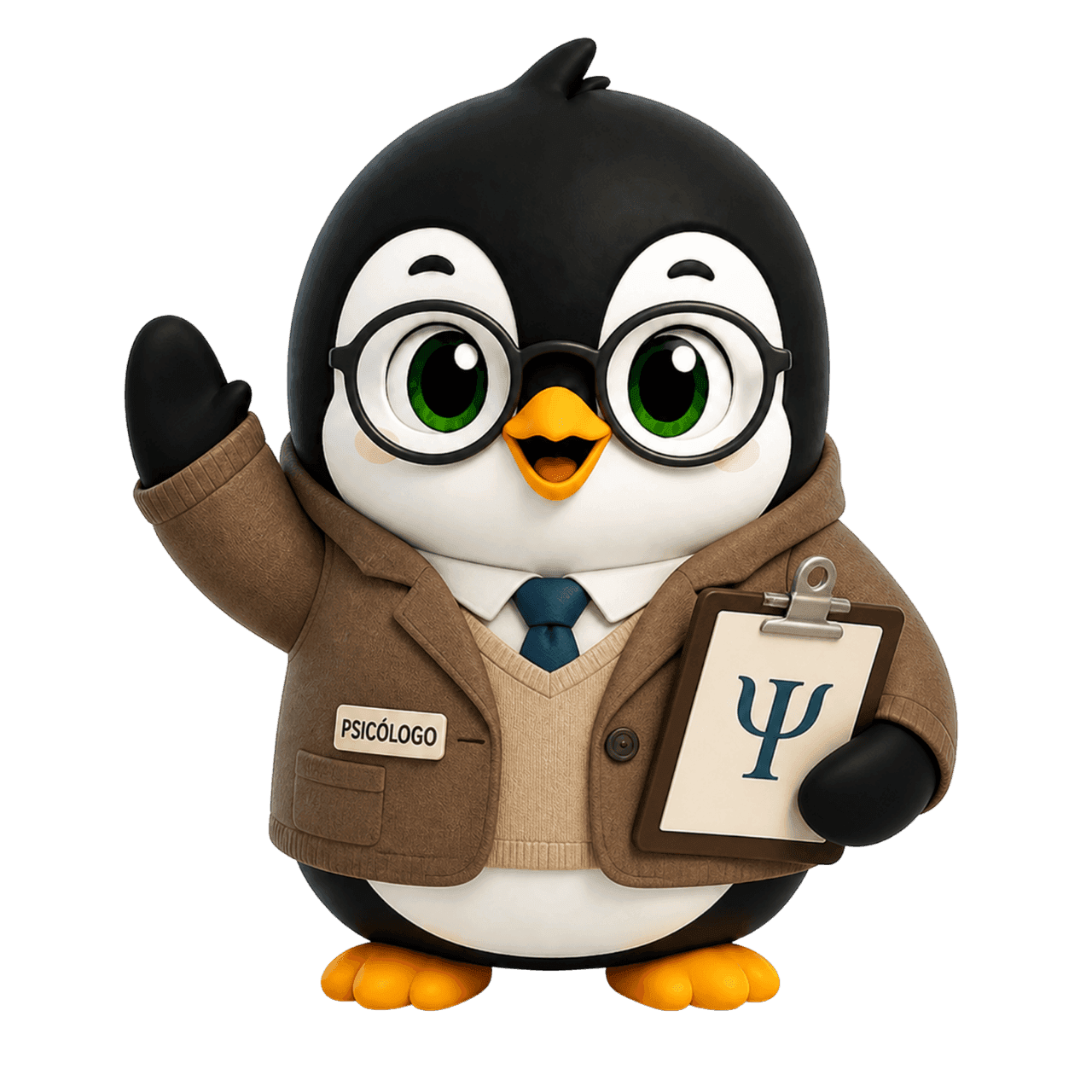 Pingüino psicólogo de Levex con gafas y saco, saludando con una tabla de notas
