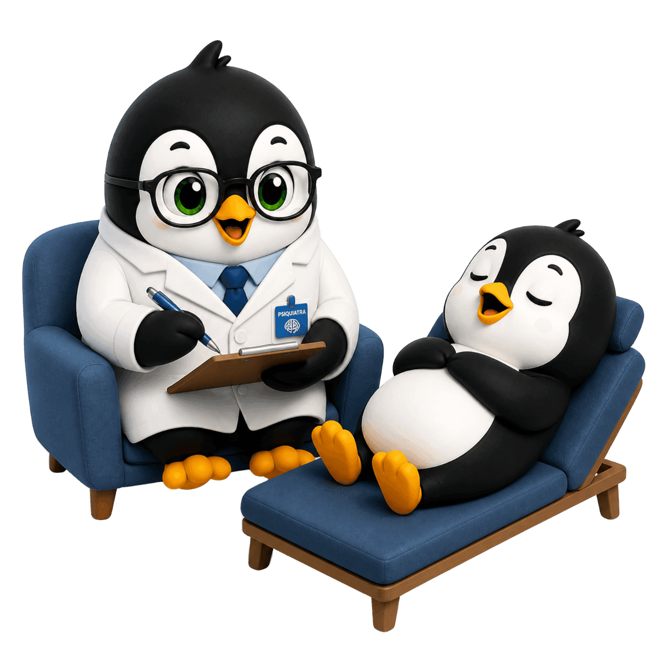 Pingüino psiquiatra de Levex tomando notas en su sillón, con un paciente recostado en el diván