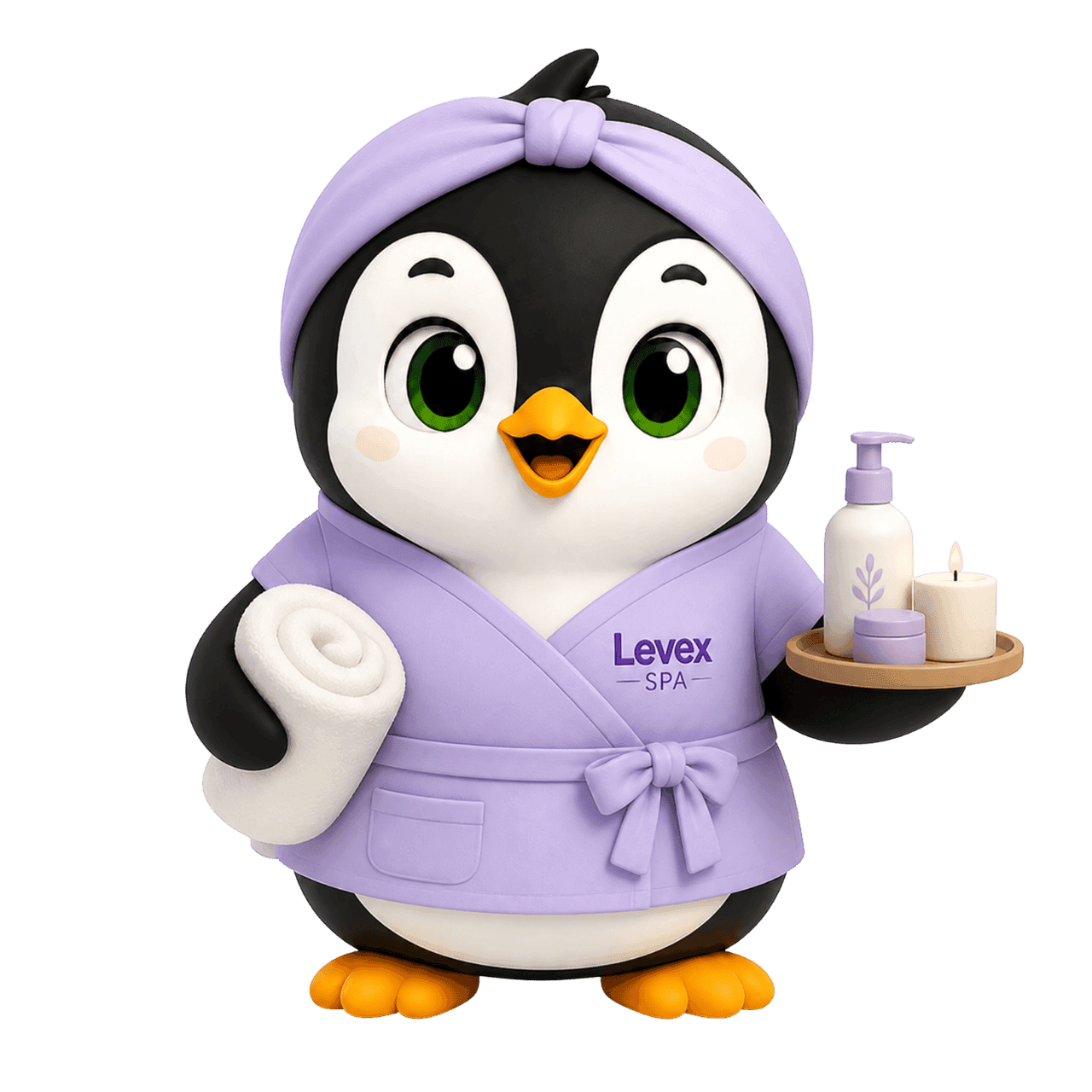Pingüino de spa de Levex en bata, con toalla enrollada y bandeja de aceites y vela
