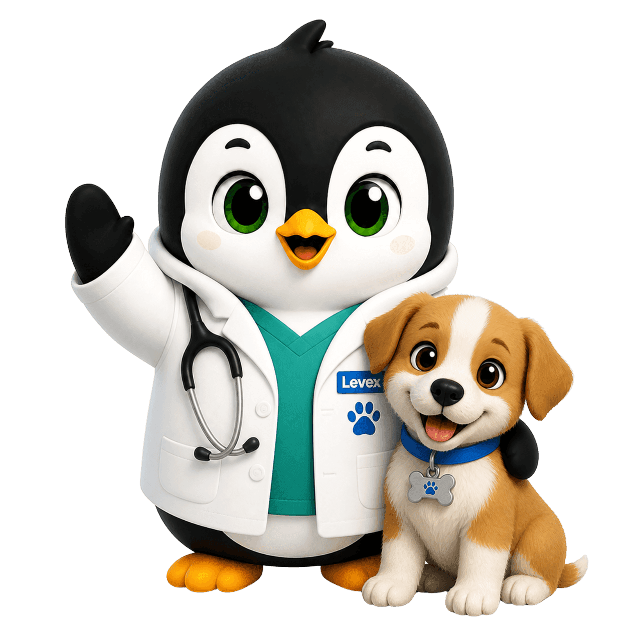 Pingüino veterinario de Levex con bata y estetoscopio, junto a un cachorro con collar