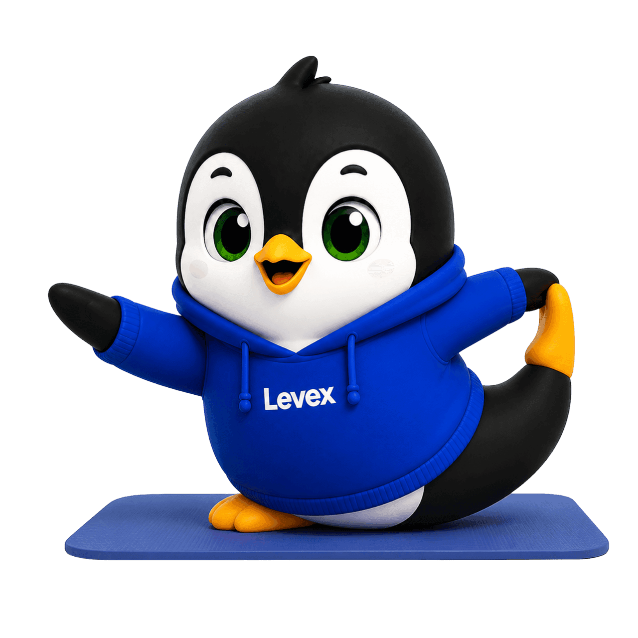 Pingüino de Levex estirando sobre una colchoneta de yoga, con buzo azul